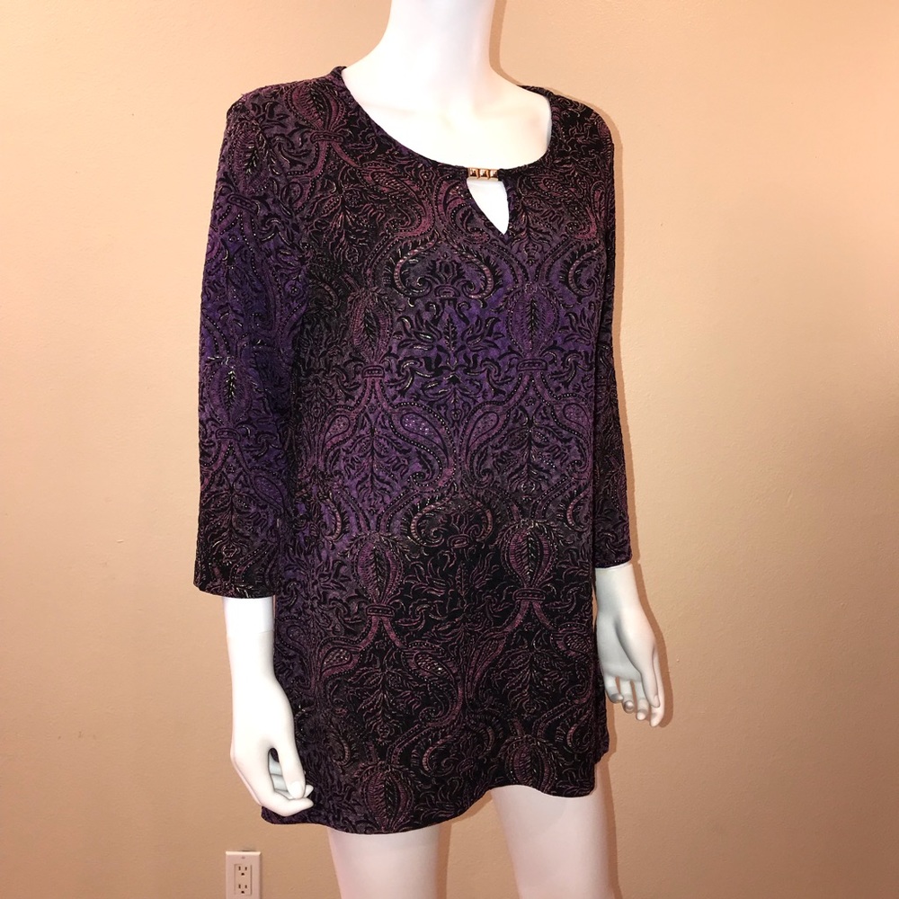 JM Collection Purple Metallic Tunic Top Blouse Size M Stretch Office Evening